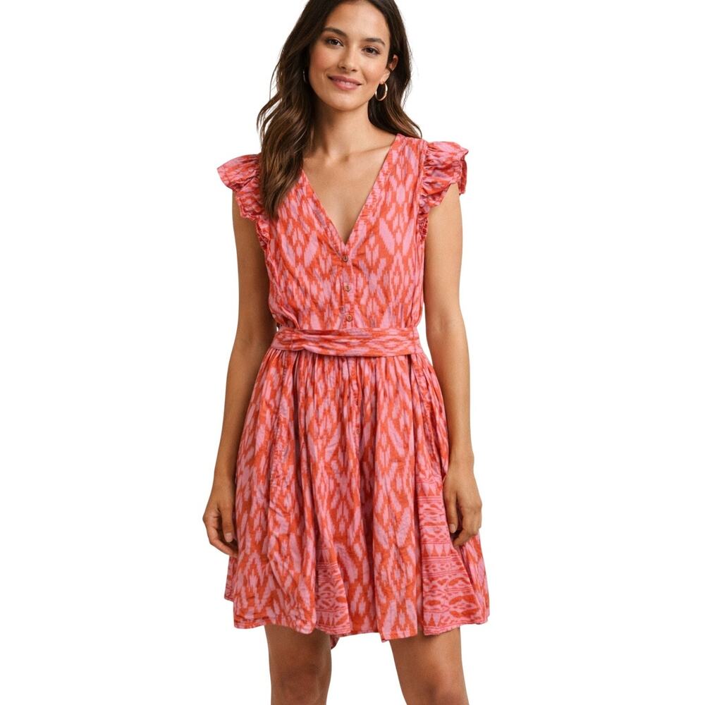 Cleobella Pink and Coral Ikat V-Neck Mini Dress
